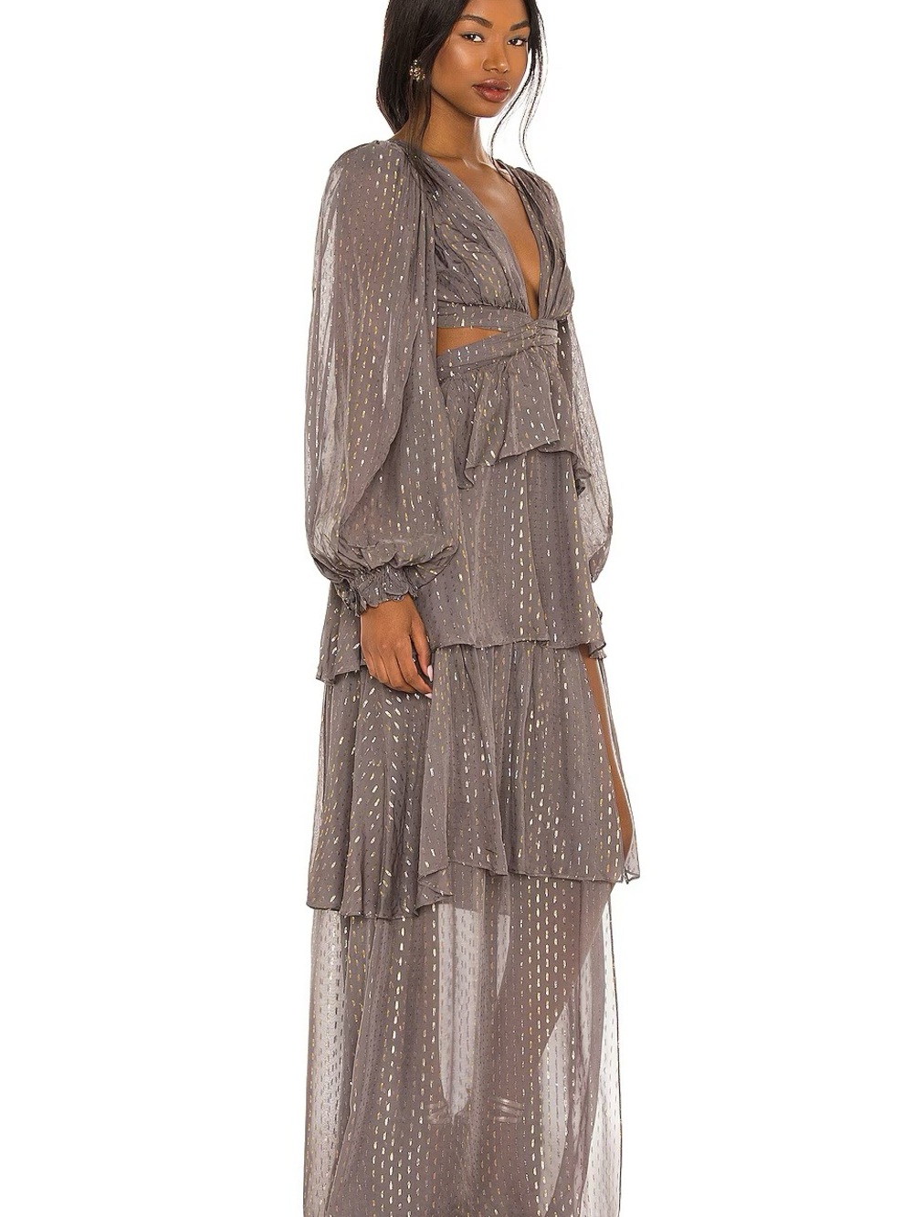 For Love & Lemons Taupe Maxi Dress with Gold Dot Detail - Picture 2 of 7
